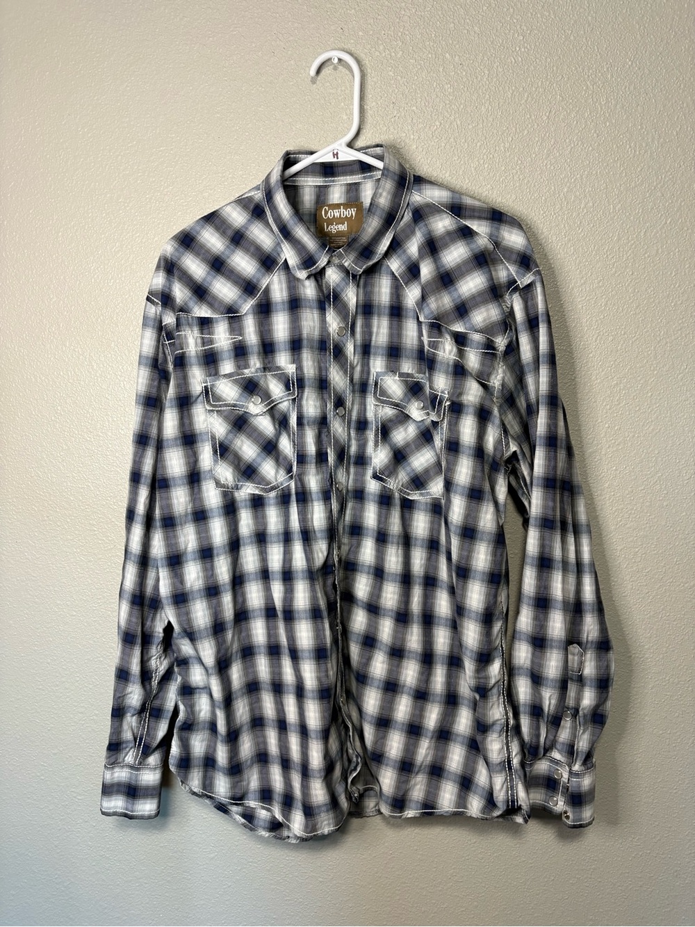 Cowboy Legend Western Pearl Snap Plaid Shirt Mens XXL Blue Long Sleeve Cowboy